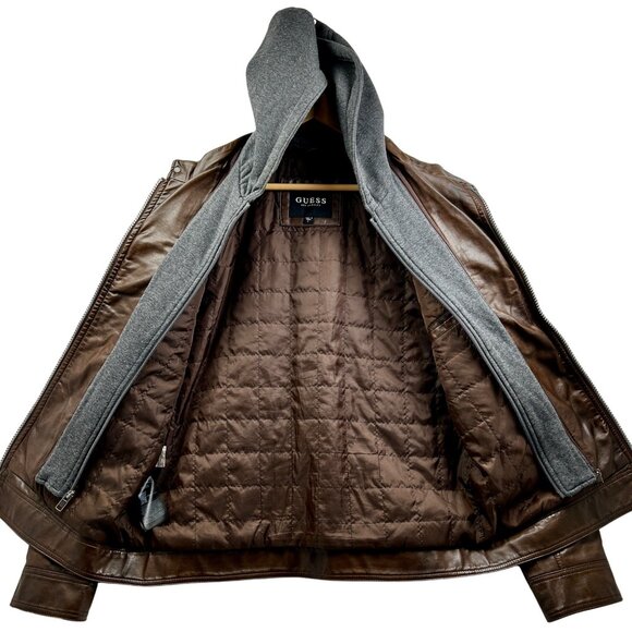 Guess Moto Hoodie Jacket Mens Large Faux Leather Brown Hooded Removable Insert - Picture 6 of 14